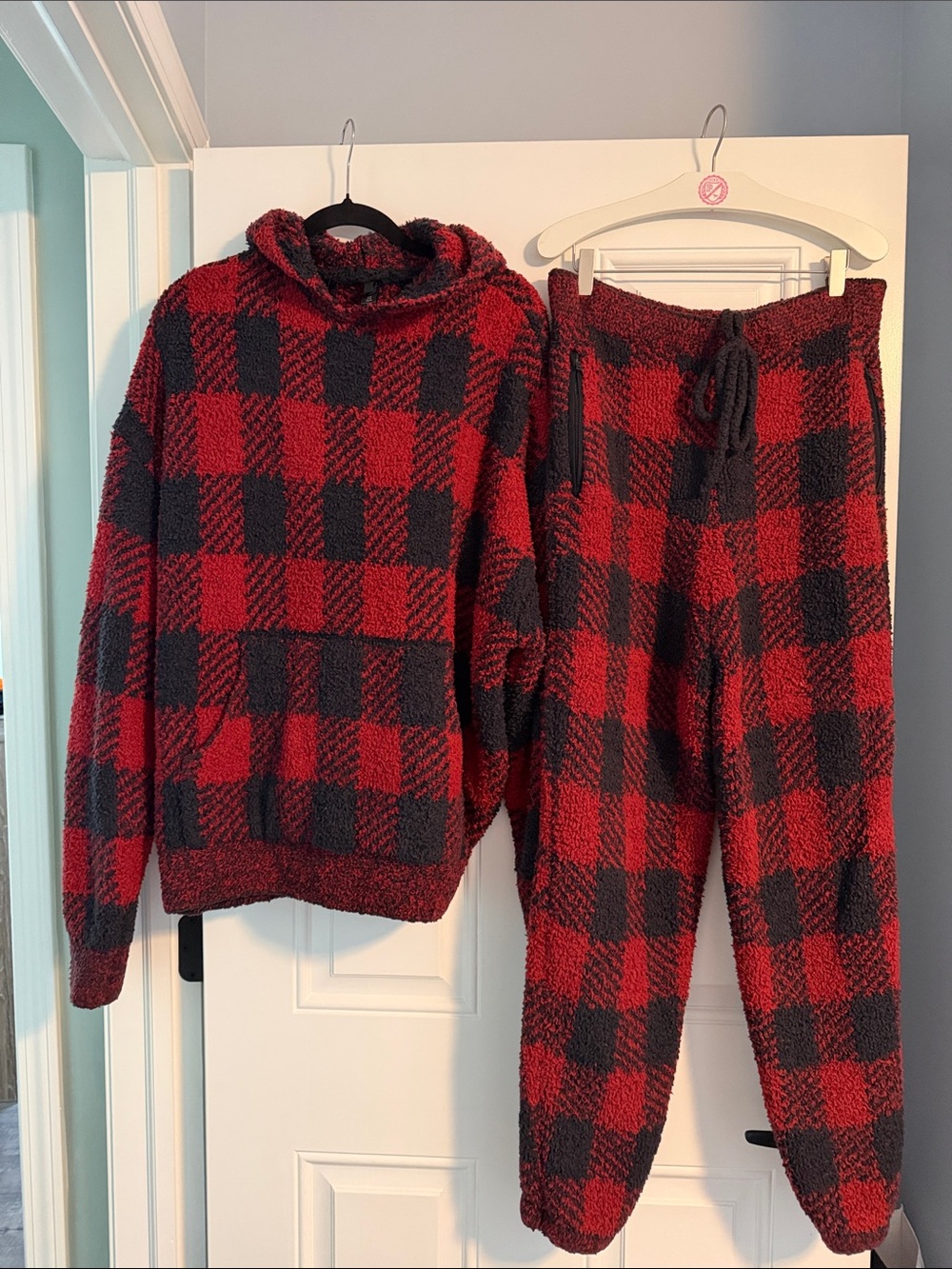 SKIMS Red and Black Buffalo Plaid Cozy Lounge Set